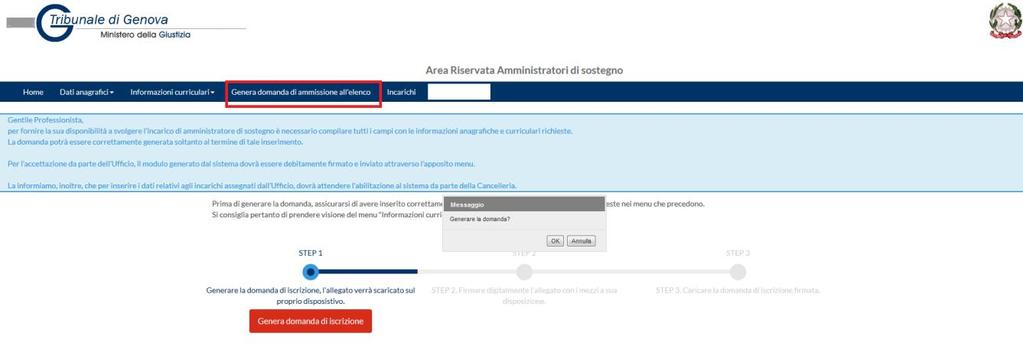 4. Menu Genera domanda di ammissione all elenco Per generare la domanda di ammissione nell elenco dei soggetti disponibili a svolgere l incarico