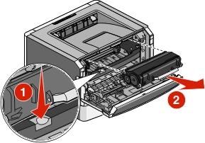 Manutenzione della stampante 107 2 Premere il pulsante alla base del kit fotoconduttore, quindi estrarre la cartuccia di toner