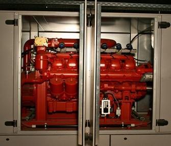 Cogeneratore a gas Cogeneratore basato su motore standard a gas dotato di catalizzatore per la riduzione delle emissioni e di cofanatura per isolamento acustico.