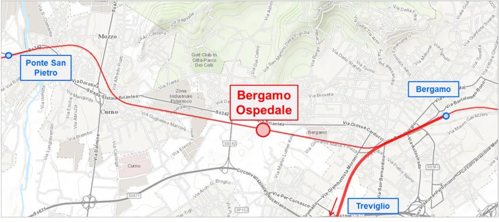 SCHEDA 1: NUOVA FERMATA DI BERGAMO OSPEDALE L accessibilità al nuovo Ospedale di Bergamo Papa Giovanni XXIII mediante ferrovia è privilegiata, per l adiacenza della struttura alla linea Ponte S.