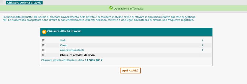 Chiusura attività di avvio La funzione può essere utilizzata per tracciare le attività già effettuate e relative al censimento delle sedi, classi, frequenze.