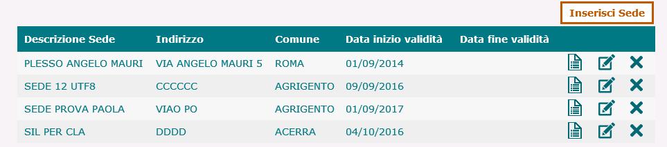 Gestione sedi Nella funzione Gestione sedi la scuola visualizza l elenco delle sedi presenti a sistema.