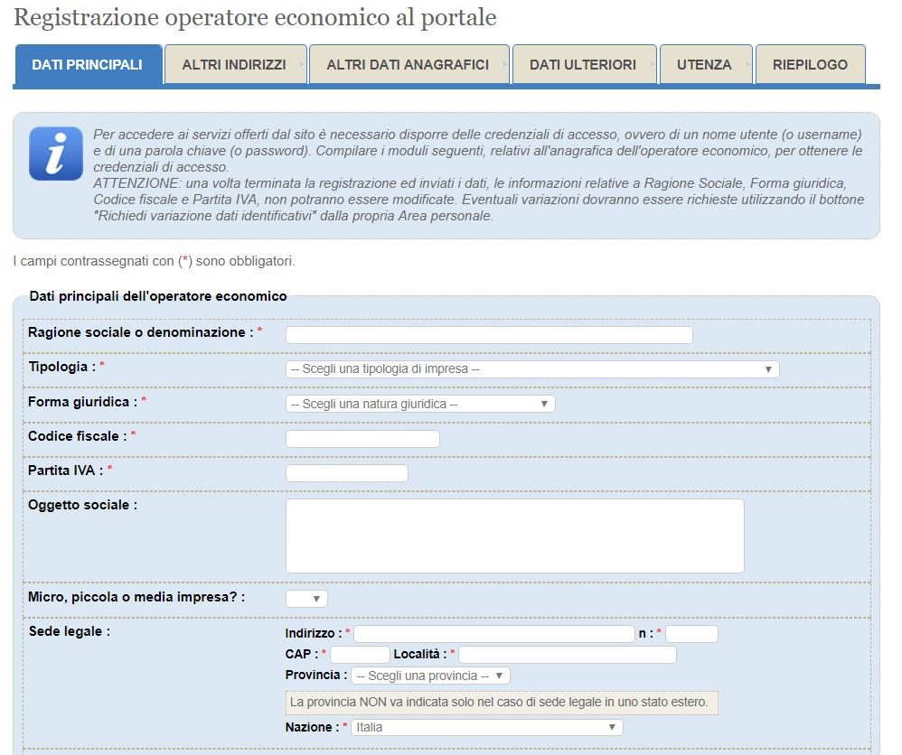 2. Compilare i dati riportati nella sezione Dati Principali della procedura di Registrazione operatore economico al portale avendo cura di inserire i dati obbligatori (contrassegnati da * ).