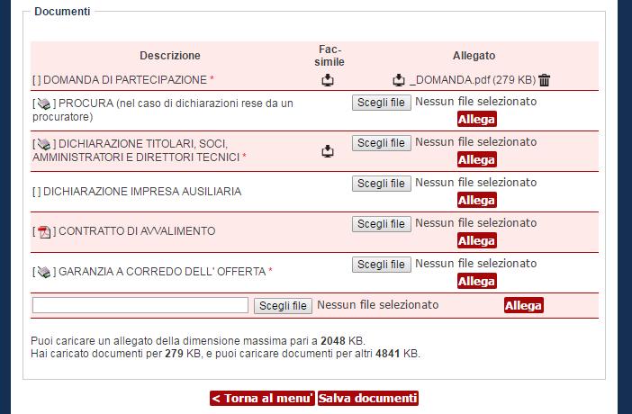 ) Cliccare qui se si desidera eliminare il file caricato sul Portale Appalti per ripetere operazioni di upload Viene visualizzato il nome del file caricato e la dimensione.