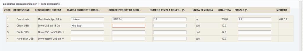 ATTENZIONE: oltre ai prezzi unitari la Stazione Appaltante può aver incluso ulteriori attributi richiesti per ciascuna voce che dovranno essere compilati sulla base delle indicazioni fornite nella