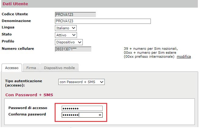 Assegnare e confermare una nuova password di accesso: Selezionare CONFERMA e digitare il codice OTP