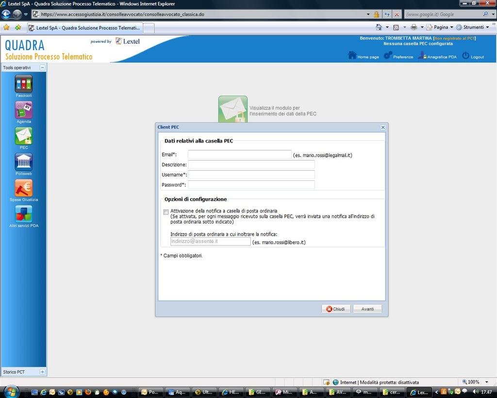 [QUADRA] Soluzione Processo Telematico : Modulo Client PEC - Gestione delle comunicazioni Oltre alle funzioni di catalogazione ed ordinamento delle ricevute, il modulo Client PEC di QUADRA è stato