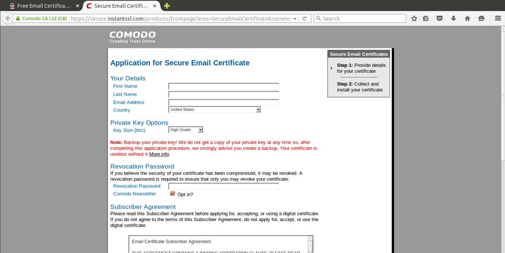 InstantSSL Form di esempio InstantSSL Esportare/Importare il certificato Esportare il certificato dal browser Funzione archivia o salva in Firefox Importare il certificato sul client di posta