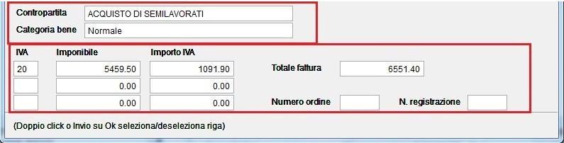 la descrizione della contropartita Contabile della riga, la descrizione della contropartita della Categoria Bene della riga, gli imponibili e gli importi iva, il totale della fattura, il numero