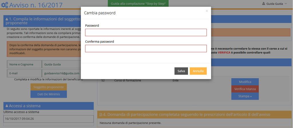 Cliccando sul pulsante di modifica della password, sarà possibile scegliere una nuova password e confermarla.