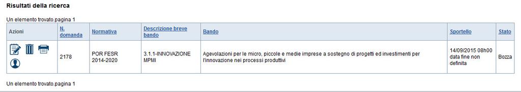 Alla pressione del pulsante Cerca, il sistema estrae tutte le domande inserite dal soggetto collegato per l ente/impresa selezionato che corrispondono ai criteri di ricerca indicati oppure, se il