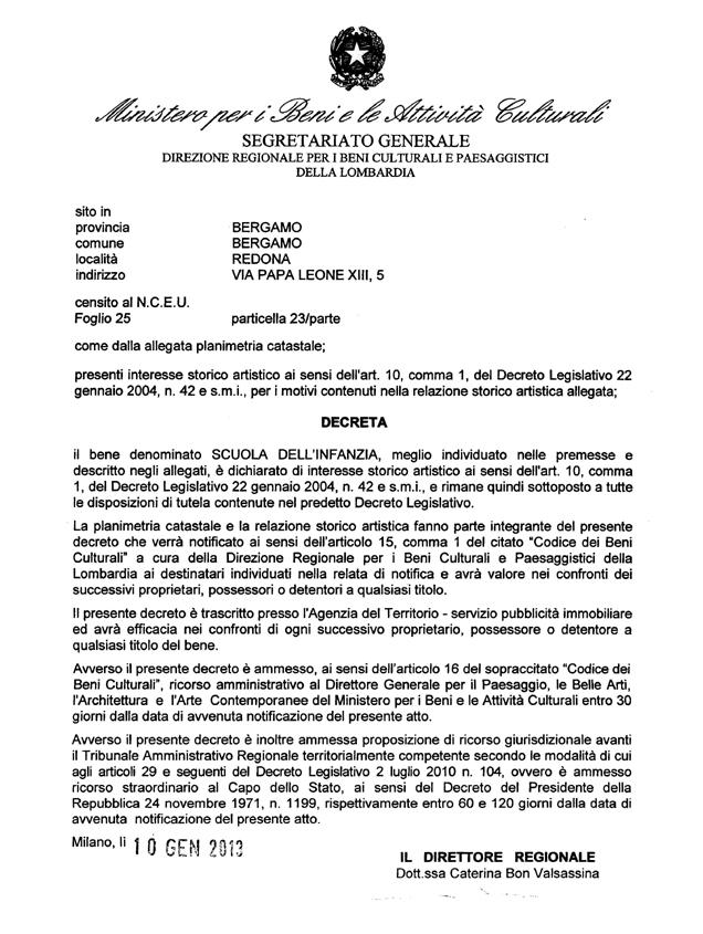 decreto di vincolo Dati Ipotecari Estratto di mappa catastale Proprietà Istituto Suore Sacramentine Decreto 10/01/2013