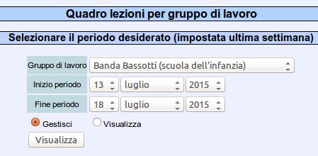 Il sistema visualizzerà per il periodo indicato le lezioni previste e darà la possibilità di cancellarle (cliccando il pulsante - accanto alla materia) o inserirle (selezionando la materia dal menù a