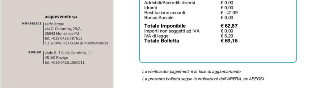 unità immobiliari: Servito da impianto di depurazione: Indirizzo di recapito bolletta  Pagamento bolletta: Consumo fatturato con relativi giorni di riferimento -, totale da pagare e data entro cui