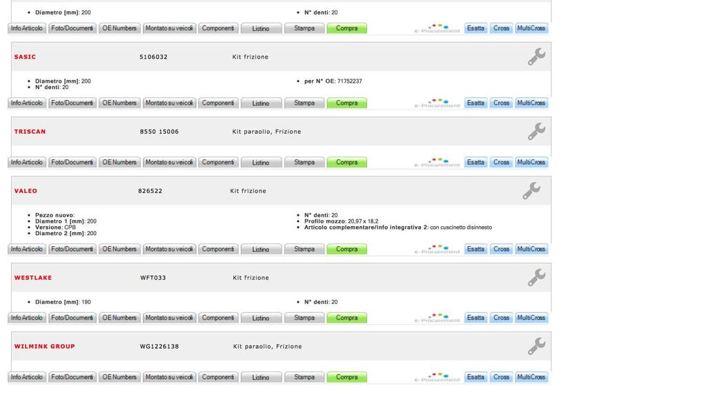 4. Scegliere il marchio desiderato: 5. Verificare le corrispondenze se necessario: 5.1. OE Numbers, 5.2. Veicoli compatibili 5.3. Componenti 5.4. Foto/Documenti A questo punto entra in gioco la