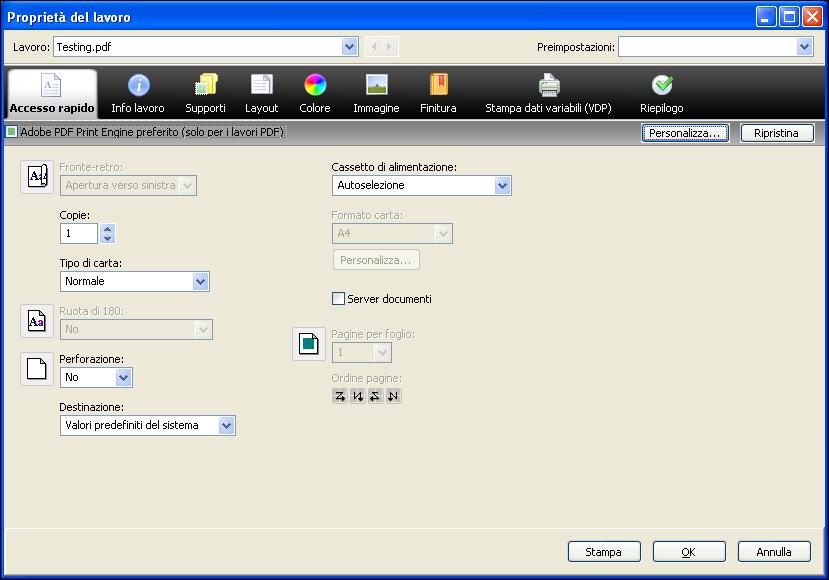 METODI DI STAMPA 83 Stampa di più file con APPE Se si apre Proprietà del lavoro per file di tipo diverso, l opzione Adobe PDF Print Engine preferito appare solo se uno dei file selezionati è un PDF.