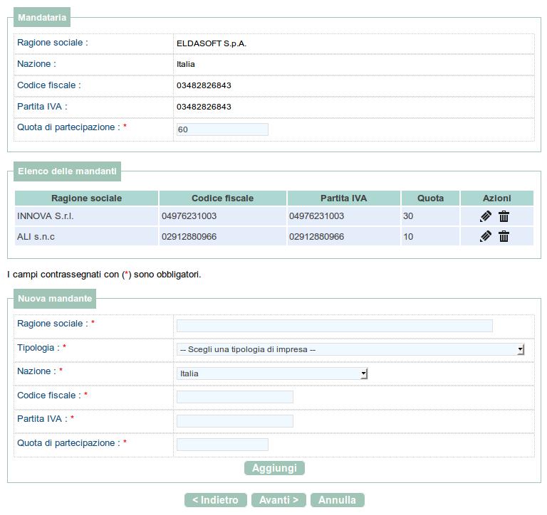 Per ogni anagrafica aggiunta viene popolato l Elenco delle mandanti sotto raffigurato. Se è necessario controllare o modificare i dati anagrafici di una delle mandanti cliccare sull icona di modifica.