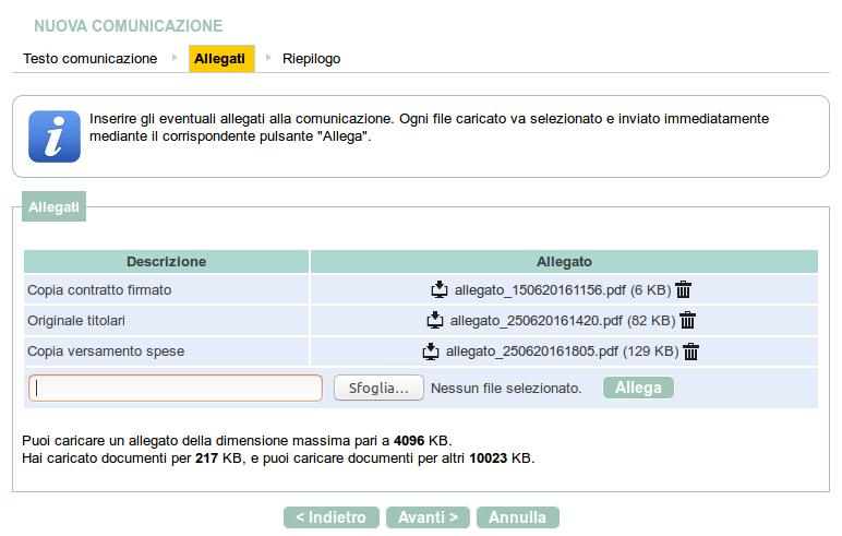 Nella pagina Allegati possono essere inseriti uno o più allegati facendo sempre attenzione ai limiti posti per singolo file e complessivi evidenziati nella pagina stessa.