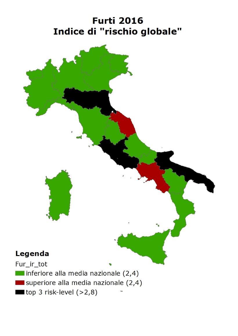 Furti: indice di rischio globale 5 regioni a più alto rischio 1 Puglia 5,3 2 Emilia Romagna 3,1 3 Lazio 2,8 4 Campania 2,7 5 Marche 2,6 10 province a più alto