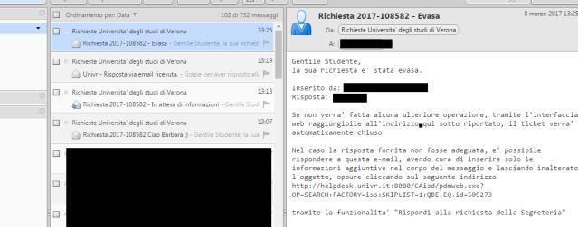 In questo caso potrete rispondere sia tramite service desk (cliccando sul link che trovate nel testo della e-mail) oppure