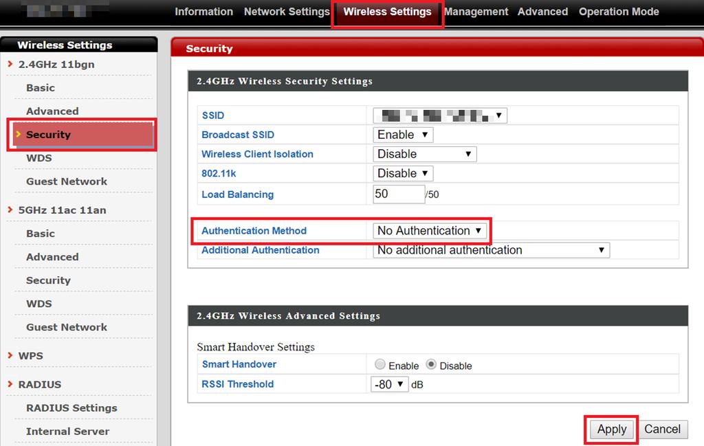 Configurazione delle impostazioni di sicurezza di rete wireless 2,4 GHz 1.