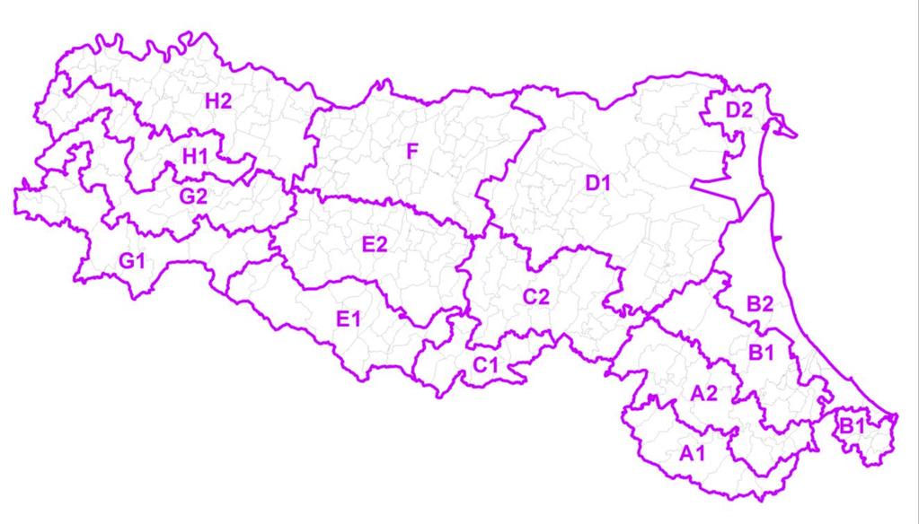 Figura 2: Mappa delle sottozone di allerta per vento, temperature estreme, neve, ghiaccio, criticità costiera, con l indicazione dei confini comunali Le quindici sottozone di allerta sono così