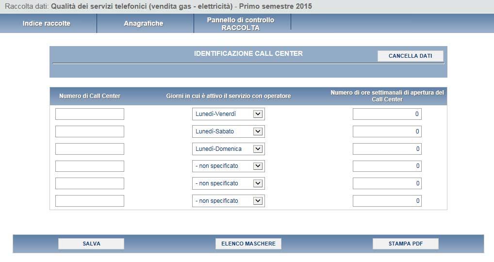 Esempi di compilazione: nel caso di apertura del call center con operatore 24 ore per 7 giorni: le ore totali di apertura del call center settimanali con operatore sono 168; selezionare l opzione