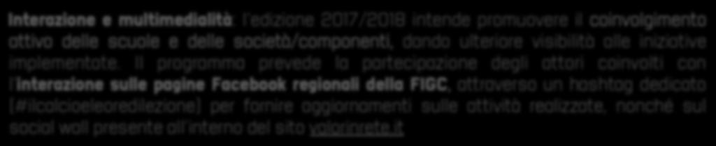 Principali elementi Novità Sinergia con il SGS: l edizione 2017/2018 vedrà il coinvolgimento dei Coordinamenti Regionali del Settore Giovanile e Scolastico della FIGC, con l obiettivo di facilitare
