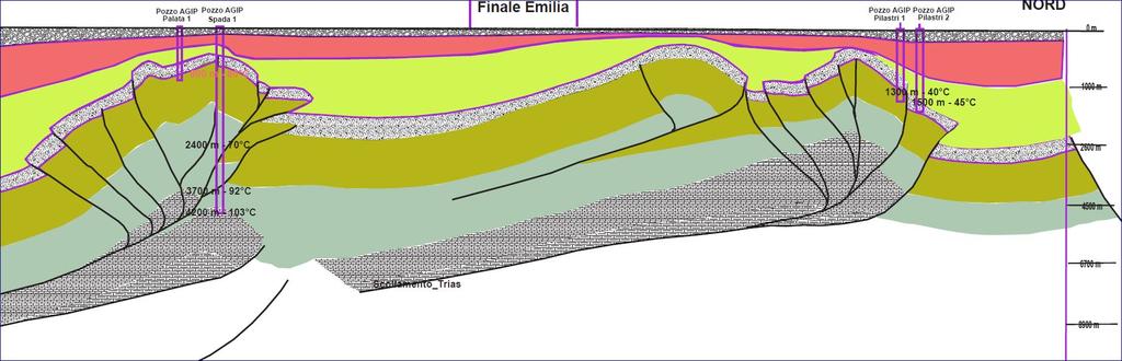 Snap shot e relativo line drawing di un profilo sismico nel settore della bassa pianura