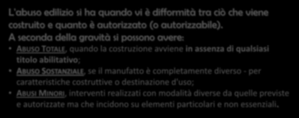 caratteristiche costruttive o destinazione d'uso; ABUSI MINORI, interventi realizzati con modalità diverse da quelle previste e autorizzate ma che incidono su elementi particolari e non essenziali.