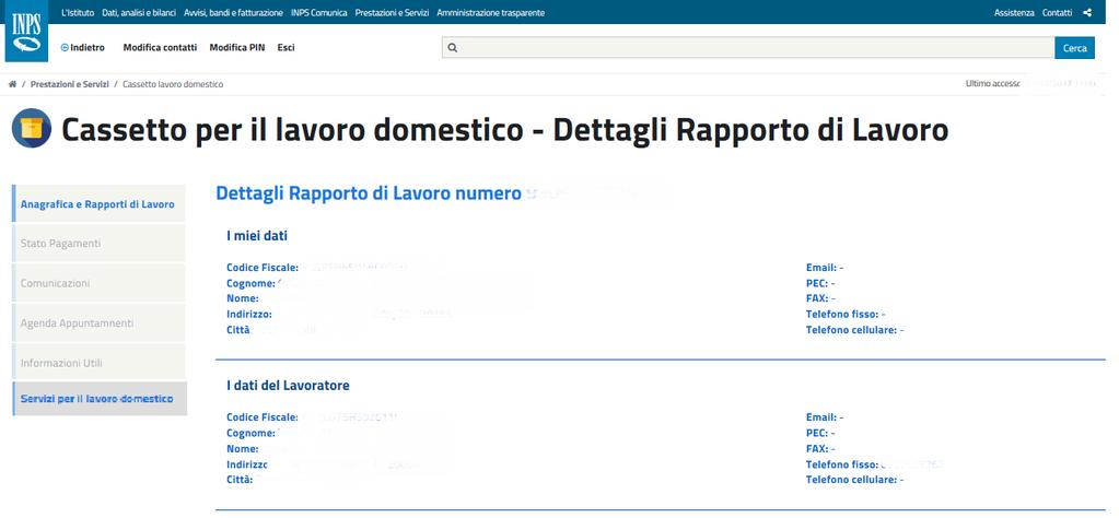 Selezionando lo specifico rapporto di lavoro, l applicazione esporrà una pagina contenete i dati anagrafici di dettaglio del lavoratore e del datore di lavoro, come si evidenzia nella seguente