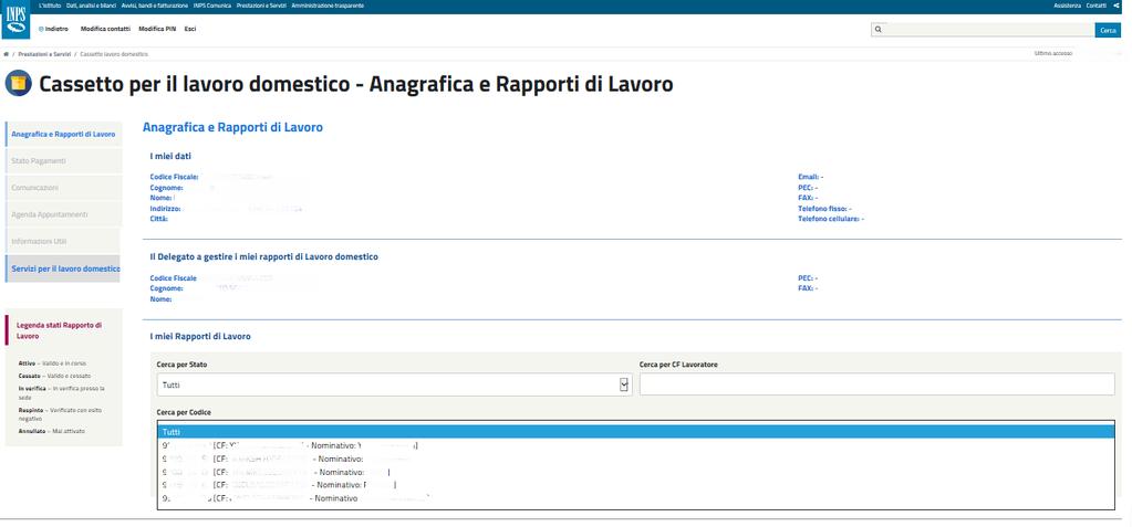 La ricerca può avvenire come evidenziato nella seguente immagine tramite il codice fiscale di uno specifico lavoratore uno