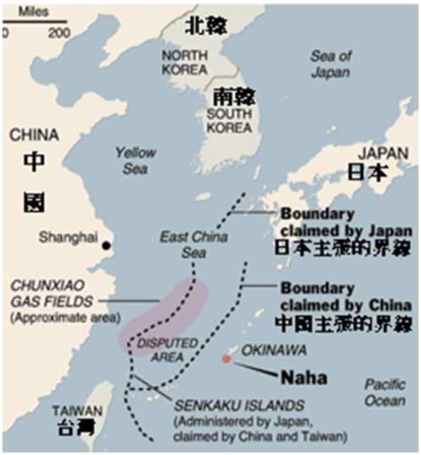 Figura 1. Area contesa e divisione delle acque territoriali Fonte: Japanfocus.