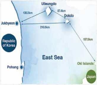 Figura 2. Distanza tra Dokdo e Ulleungdo e tra Dokdo e le isole giapponesi Oki.
