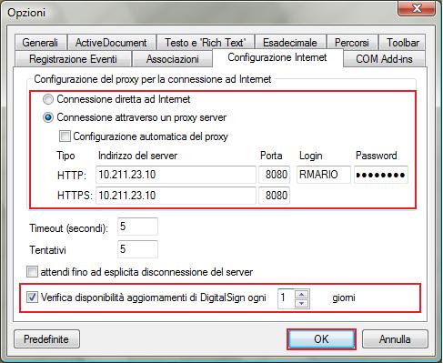 Dopo aver verificato che la configurazione di connessione Internet sia corretta (accesso diretto ad Internet o tramite proxy), inserire il segno di spunta sulla voce Verifica disponibilità