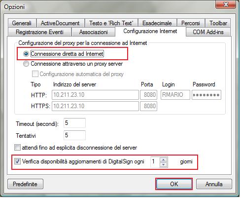 Attenzione: nelle versioni precedenti a DigitalSign 3.1.3.14 Edizione LISPA la funzione Configurazione automatica del proxy non funziona correttamente.