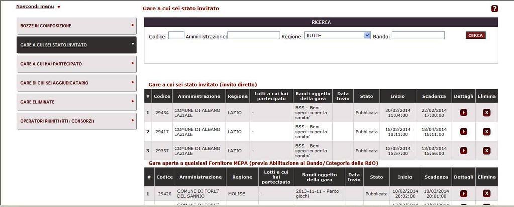 Figura 5 - Dettaglio Menù Gare a cui si è invitati 1.2. Dettaglio della RDO Selezionando Dettagli compare una schermata riepilogativa (vedi Figura 6).