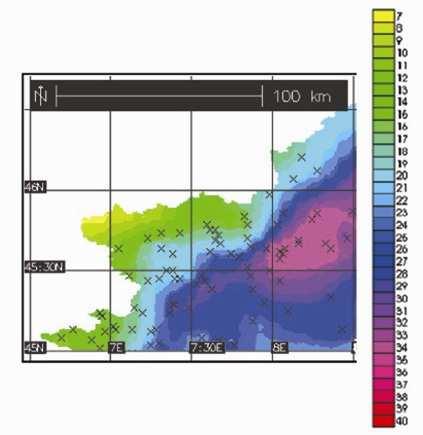 Figura 29: Mappa del coefficiente pluviometrico orario, a 1 [mm/ore n ] pari al valore atteso della pioggia oraria massima annuale, utilizzata, ai fini del confronto dei