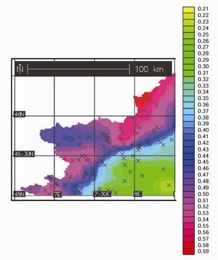 Figura 30: Mappa dell esponente di scala, n della pioggia oraria massima annuale, utilizzata, ai fini del confronto dei due modelli, per la determinazione del coefficiente a 1 relativo alle stazioni