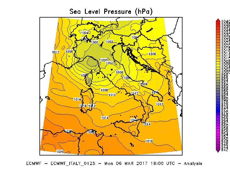 Figura 3 Analisi della pressione al livello del mare alle ore 12 UTC (sinistra) e 18 UTC (destra) del 6 marzo 2017.