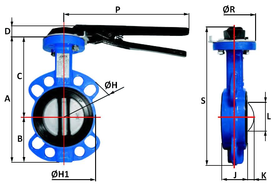 DIMENSIONI VALVOLA FARFALLA MANUALE CON LEVA A 10 POSIZIONI DN Ø Modello LEVA A B C D ØH ØH1 J K L P ØR S 40 1"1/2 F05 190 60,4 129,6 21,5 145 83,5 33 4,25 19,7 200 70 211,5 50 2" F05 207 72 135 21,5