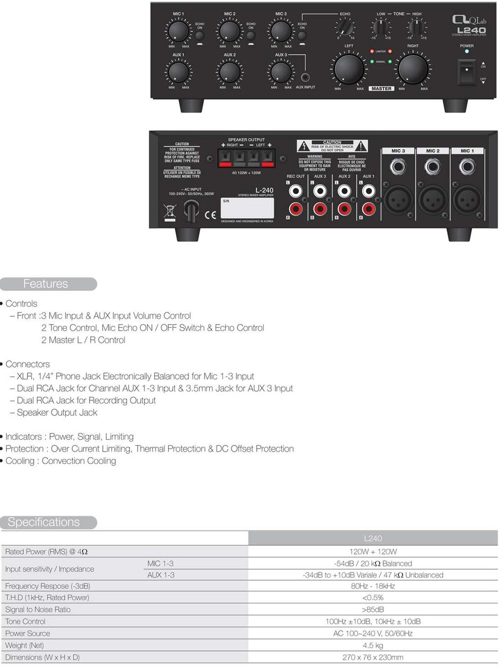 Amplificatori Stereo L240 Mixer Amplifi catore stereo Ingressi: 3Mic 3 Aux