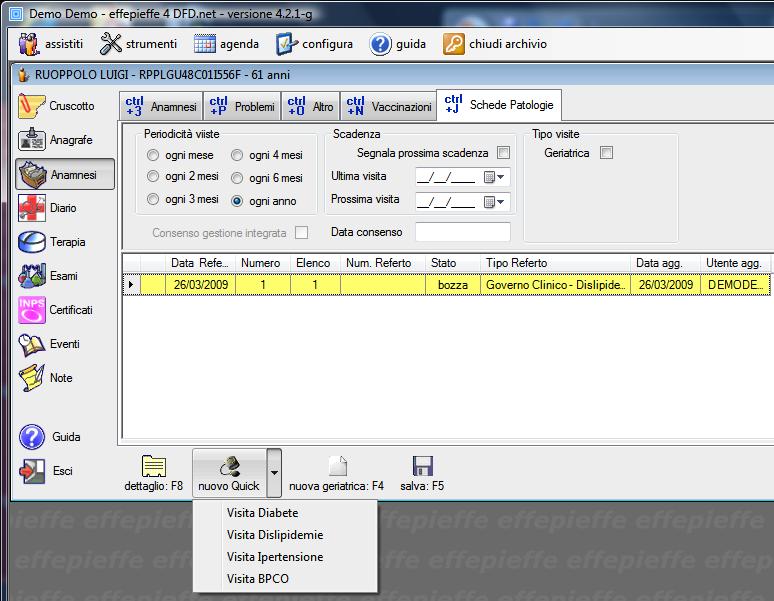 Come lavorare con i Quick nella Cartella Clinica DFD (effepieffe) Assirelli Maria paziente prova Cliccare su Anamnesi quindi su Schede Patologia, poi cliccare su nuovo Quick ed infine su Visita