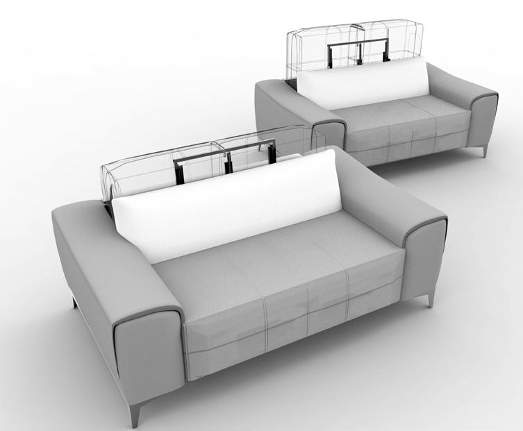 Il movimento del cuscino schienale è indipendente dalla schiena del divano, che non si sposta, permettendo l eventuale accostamento a parete.