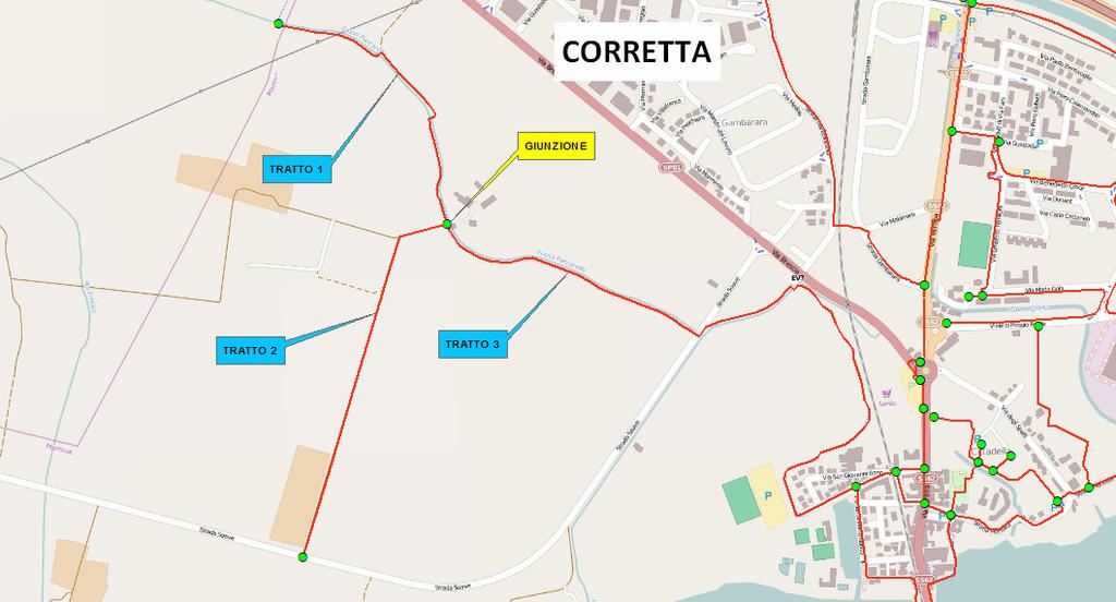 In una Rete Ciclabile digitalizzata in modo corretto la porzione di Percorso evidenziata in colore turchese deve essere suddivisa in due tratti distinti: Tratto 1 e Tratto 3 (fig. 6).