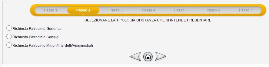 Passo 2: Selezionare la tipologia di istanza che si intende presentare tra le seguenti: Richiesta Patrocinio Generica Richiesta Patrocinio Coniugi Richiesta Patrocinio