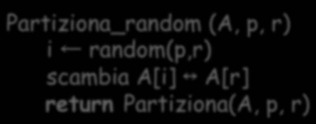 Quicksort: versione randomizzata Quicksort: Cenno storico Partiziona_random (A, p, r) i random(p,r) scambia A[i] A[r] return Partiziona(A, p, r) La procedura del quicksort è dovuta ad Hoare: C. R.