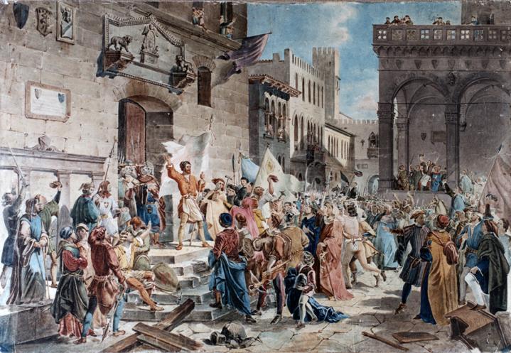 La rivolta dei Ciompi (rivolta urbana) - A Firenze, i Ciompi (operai della manifattura laniera), duramente sfruttati dai maestri delle botteghe, in occasione di una crisi politica nel conflitto tra