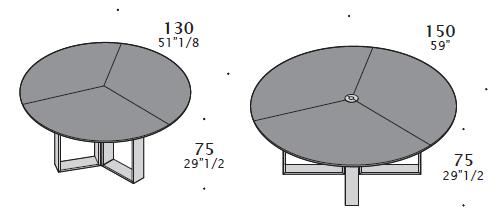 orizzontali. I tavoli sono disponibili in versione quadrata e rotonda.