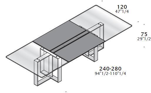 Le basi sono collegate tra loro con un modesty panel dello spessore di 11 cm in grado di contenere una grossa quantità di cavi accessibili tramite top access in pelle o lignei.